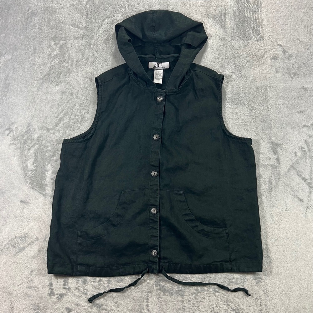 Bice by Sagharbor Linen Hooded Top Womens Large Black Sleeveless Vest Casual Fit